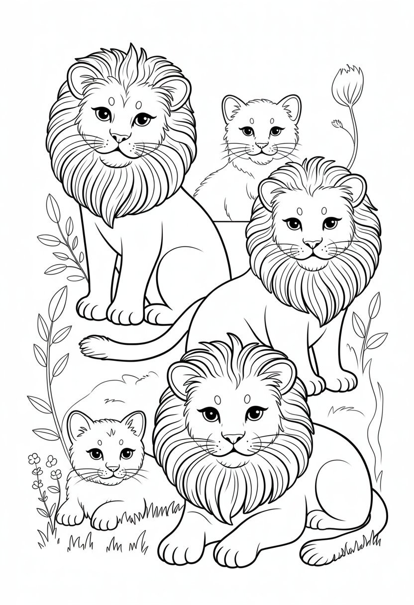 Printable Cute Cat Coloring Pages 20 Best Designs for All Ages 33 A group of cute cats with lion-like manes sitting and lying down surrounded by small leaves and flowers.
